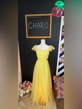 Vintage 1950s Yellow Swiss Dot Tulle Gown with Ruffle Sleeves and Lace Trim